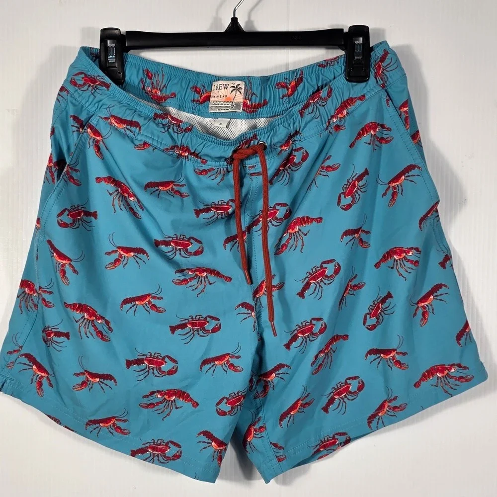 J.Crew Mens Lobster Print Swim Trunks Teal Blue Red Nautical Board Shorts Medium
